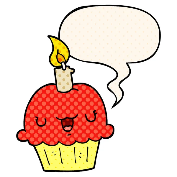 Cupcake de dibujos animados y burbuja de habla en estilo de cómic — Vector de stock