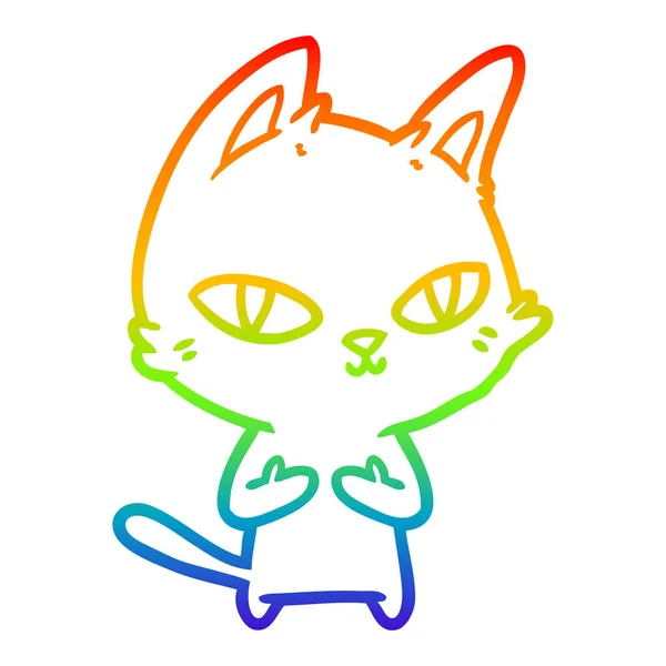 Rainbow gradient linje ritning tecknad katt stirrar — Stock vektor