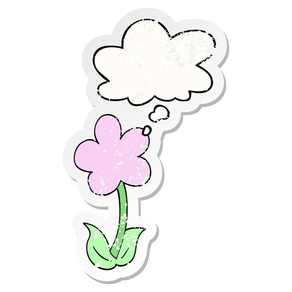 Cute cartoon flower and thought bubble as a distressed worn stic — Stock Vector