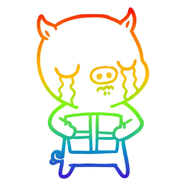 クリスマスに泣く虹のグラデーションライン描画漫画豚 — ストックベクタ