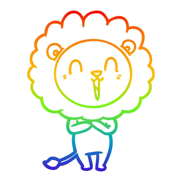 Rainbow gradient line drawing laughing lion cartoon — Stock Vector