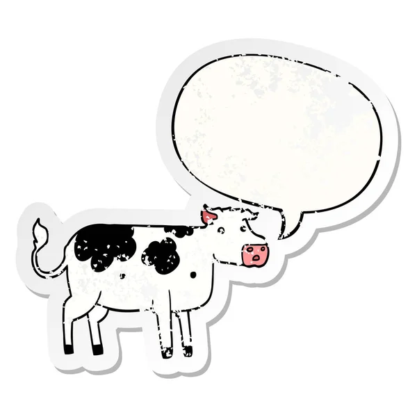 Dessin animé vache et parole bulle affligé autocollant — Image vectorielle