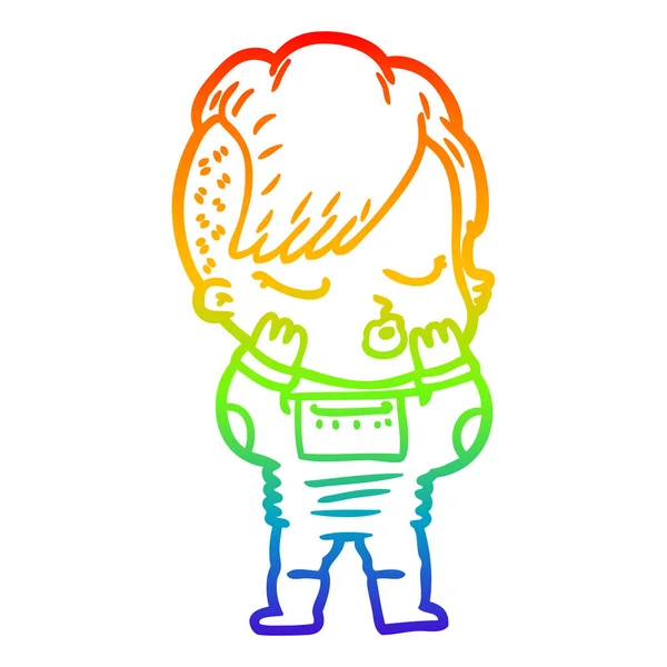 Rainbow gradient linje ritning tecknad ganska hipster flicka — Stock vektor