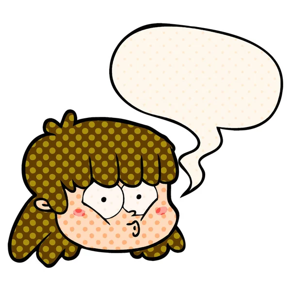 Cartoon female face and speech bubble in comic book style — Stock Vector