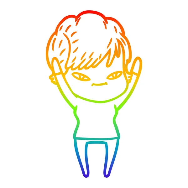 Regenboog gradiënt lijntekening cartoon gelukkige vrouw — Stockvector