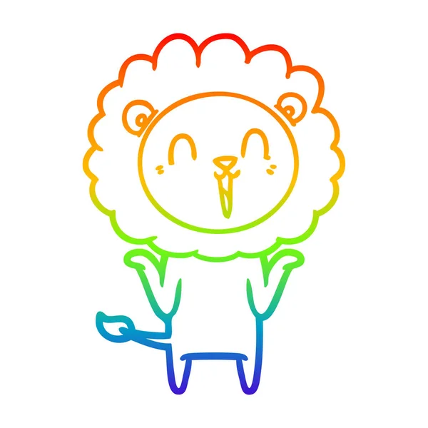 Rainbow gradient ligne dessin rire lion dessin animé haussant les épaules sh — Image vectorielle