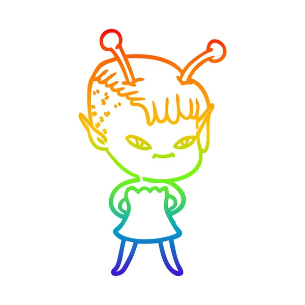 Arco iris gradiente línea dibujo lindo dibujos animados chica alienígena — Archivo Imágenes Vectoriales