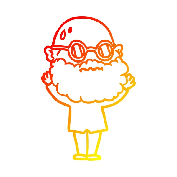 Línea de gradiente caliente dibujo de dibujos animados hombre preocupado con barba y sp — Vector de stock