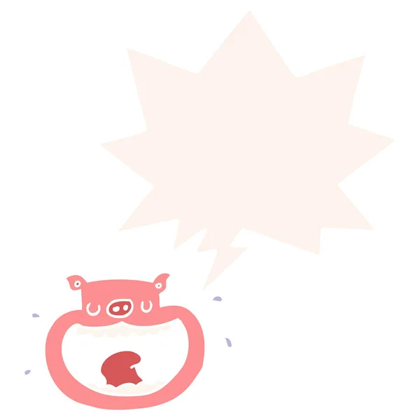 Cartoon obnoxious pig and speech bubble in retro style — Stock Vector