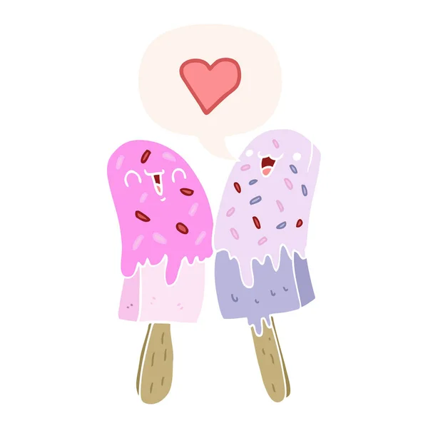 Cartoon Ice lolly in liefde en toespraak bubble in retro stijl — Stockvector