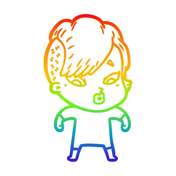 Regenboog gradiënt lijntekening cartoon verrast meisje — Stockvector