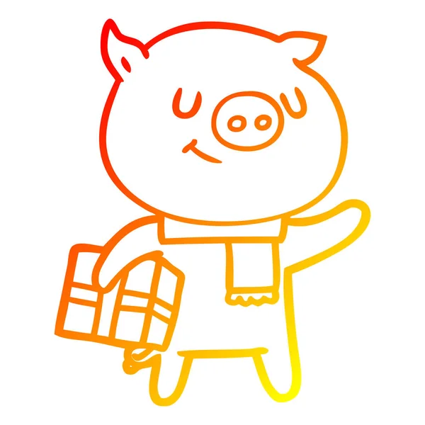 Linha gradiente quente desenho feliz cartoon porco com natal pres — Vetor de Stock