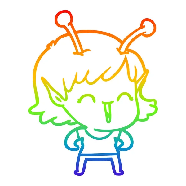 Regenboog gradiënt lijntekening cartoon Alien meisje lachen — Stockvector