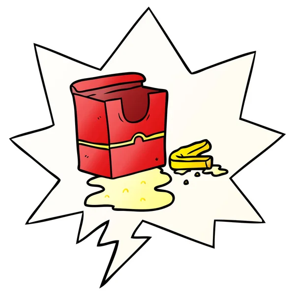 Cartoon caixa vazia de batatas fritas e bolha de fala em gradiente suave —  Vetores de Stock