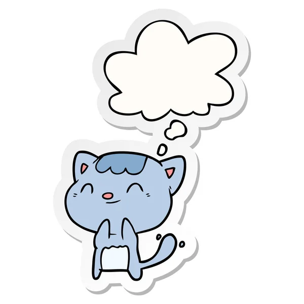 Desenho animado gato feliz e bolha pensamento como um adesivo impresso —  Vetores de Stock