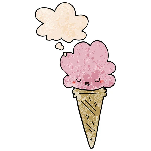 Мультяшне морозиво з обличчям і думкою бульбашка в гранжевій текстурі — стоковий вектор