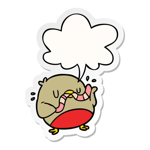 Adesivo uccello del fumetto mangiare verme e la parola bolla — Vettoriale Stock
