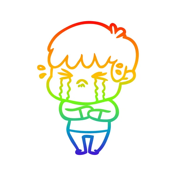 Rainbow gradient linje ritning tecknad pojke gråta — Stock vektor