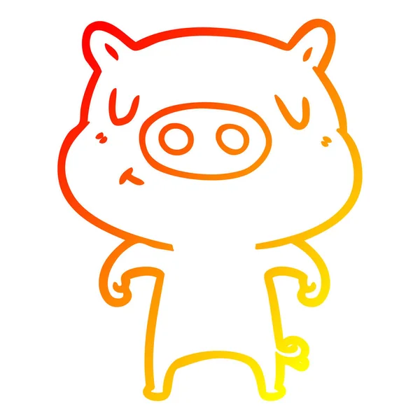 Warm gradient line drawing cartoon content pig — Stock Vector