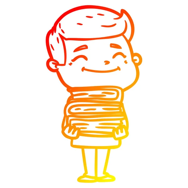 Ζεστό γραμμή ντεγκραντέ σχέδιο χαρούμενος άνθρωπος καρτούν με στοίβα βιβλίων — Διανυσματικό Αρχείο