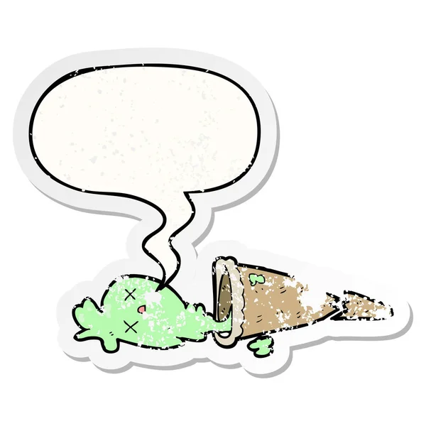 Baisse de crème glacée dessin animé et bulle de la parole autocollant en détresse — Image vectorielle
