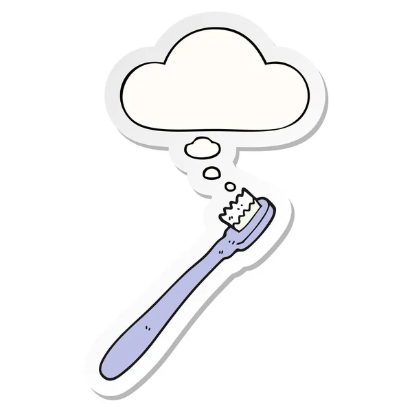 Cartoon toothbrush and thought bubble as a printed sticker — Stock Vector