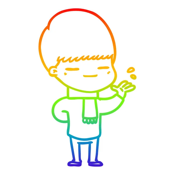 Rainbow gradient line drawing cartoon smug boy — Stock Vector