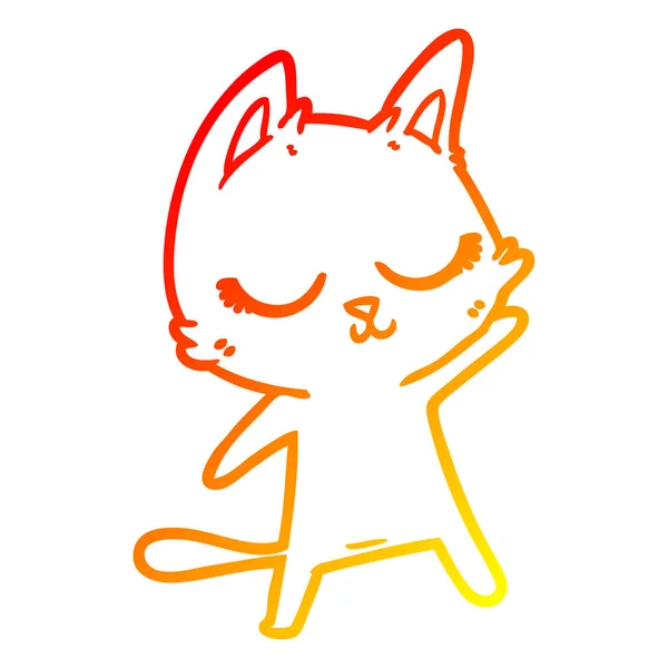 Warm gradient line drawing calm cartoon cat waving — Stock Vector