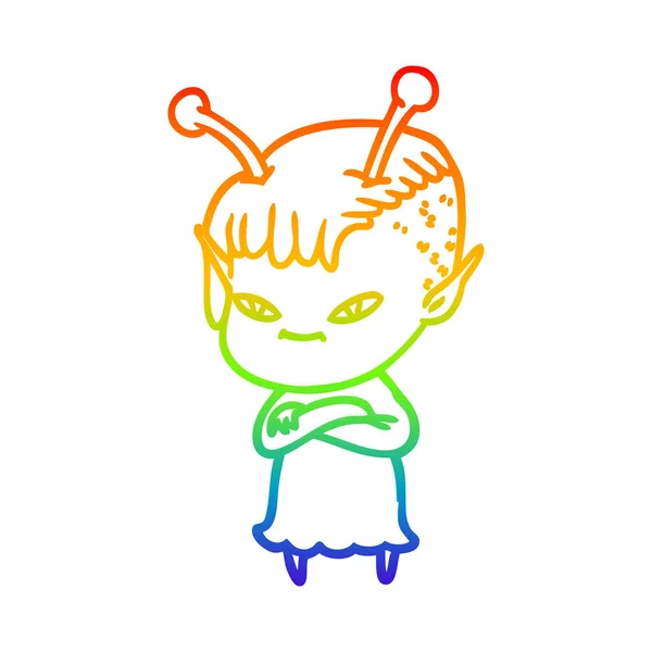 Linea gradiente arcobaleno disegno carino cartone animato ragazza aliena — Vettoriale Stock