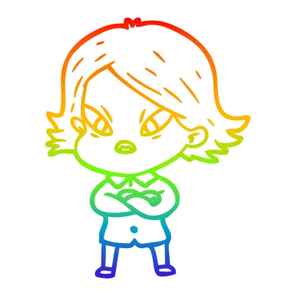 Linea gradiente arcobaleno disegno cartone animato donna stressata — Vettoriale Stock