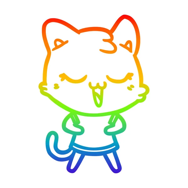 Regenbogen-Gradienten-Linie zeichnet glücklich Cartoon-Katze — Stockvektor