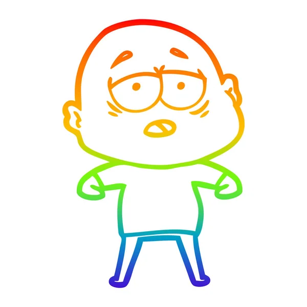 Rainbow gradien line drawing cartoon tired bald man - Stok Vektor