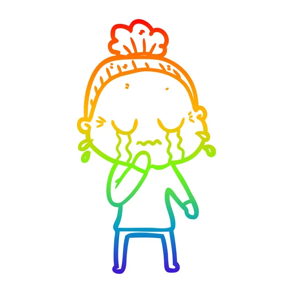 Rainbow gradient line drawing cartoon old woman crying — Stock Vector