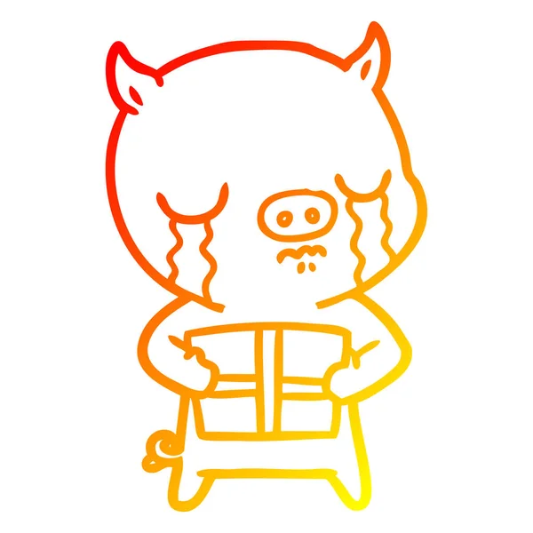 Sıcak degrade çizgi çizim karikatür domuz noel öncesi üzerinde ağlıyor — Stok Vektör