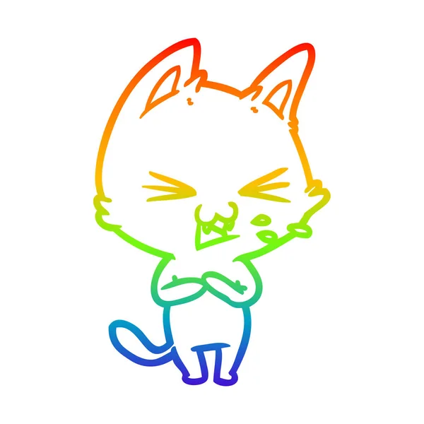 Rainbow gradient ligne dessin dessin animé chat sifflement — Image vectorielle