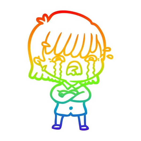 Regenboog gradiënt lijntekening cartoon meisje huilen — Stockvector