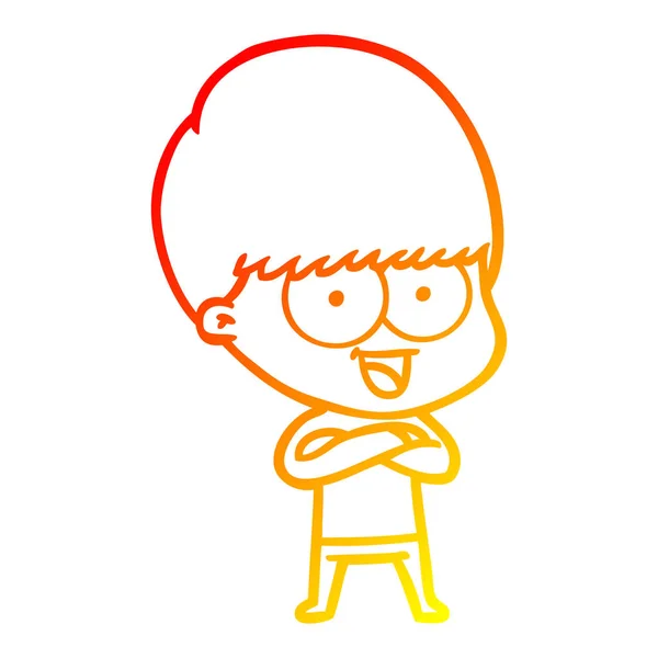 Warme kleurovergang lijntekening gelukkig cartoon jongen — Stockvector