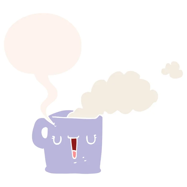 Desenho animado xícara quente de café e bolha de fala em estilo retro —  Vetores de Stock