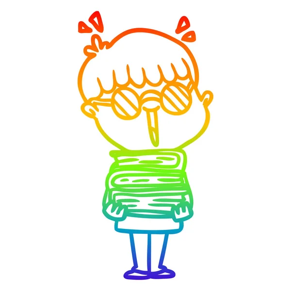 Rainbow gradient linje ritning tecknad pojke med fantastiska böcker — Stock vektor