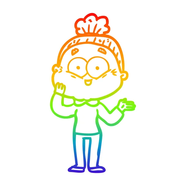 Regenboog gradiënt lijntekening cartoon gelukkig oude vrouw — Stockvector