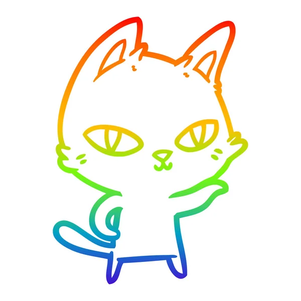 Regenboog gradiënt lijntekening cartoon kat staren — Stockvector