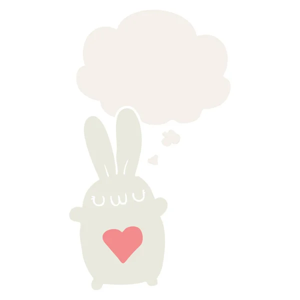 Carino coniglio cartone animato con cuore d'amore e bolla di pensiero in retrò — Vettoriale Stock