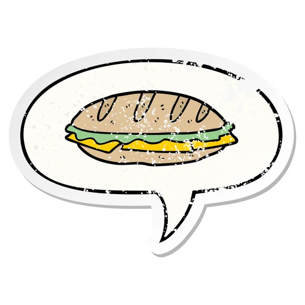 Karikatür chesse sandviç ve konuşma balonu sıkıntılı etiket — Stok Vektör