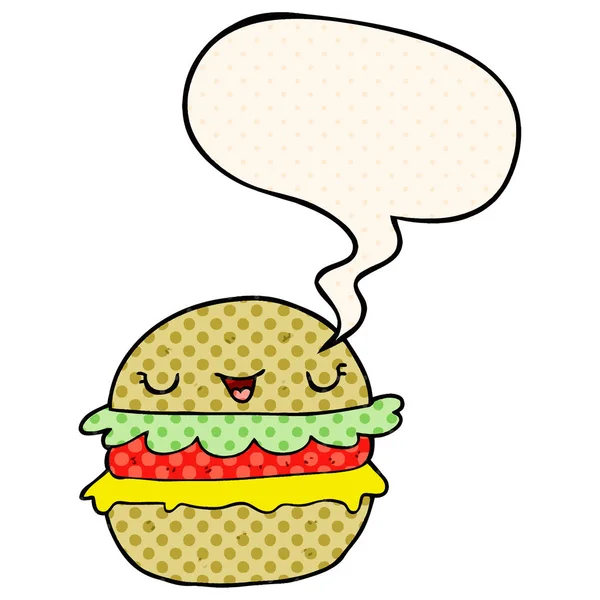 Cartoon burger and speech bubble in comic book style — Stock Vector