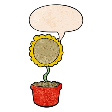 retro doku tarzında sevimli karikatür çiçek ve konuşma balonu