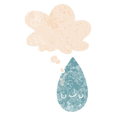 retro dokulu tarzı karikatür sevimli yağmur damlası ve düşünce balonu