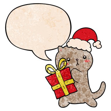sevimli karikatür kedi noel hediye ve konuşma balonu taşıyan