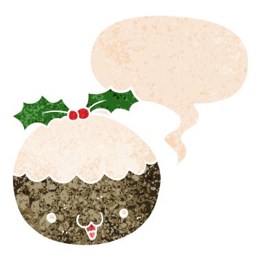 retro textur sevimli karikatür noel puding ve konuşma balonu