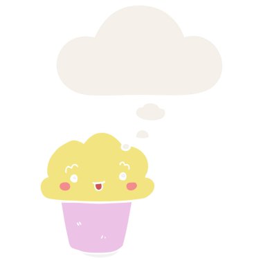 retro tarzında yüz ve düşünce balonu ile karikatür cupcake