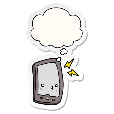 karikatür cep telefonu ve baskılı bir etiket olarak kabarcık düşünce
